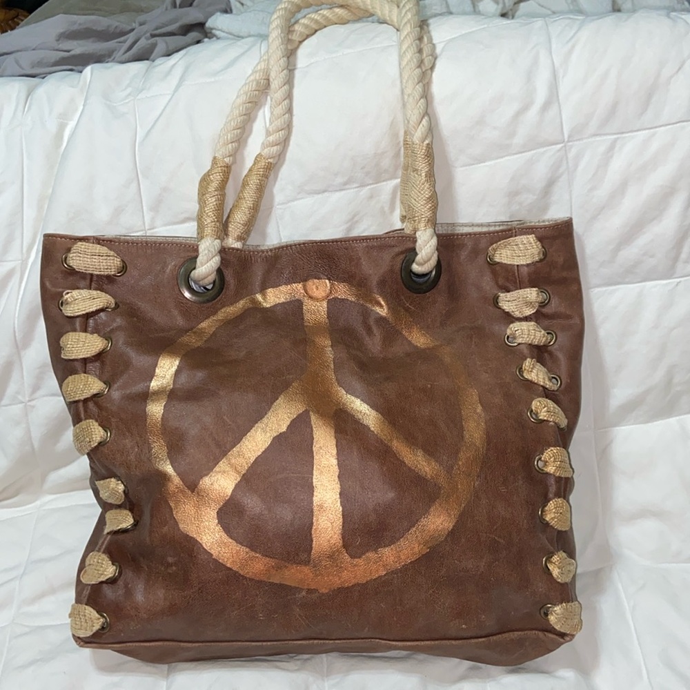 EYES OF RUTH BROWN LEATHER BOHO PEACE SIGN ROPE HANDLE TOTE BAG PURSE
